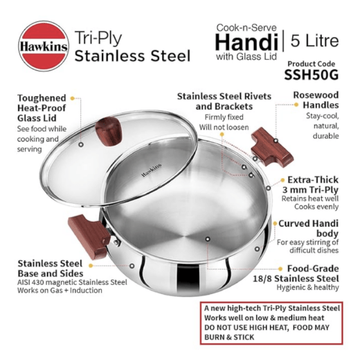 Hawkins 5 Litre Cook n Serve Handi, Triply Stainless Steel Handi with Glass Lid, Induction Sauce Pan, Biryani Handi, Saucepan, Silver (SSH50G) - Image 4